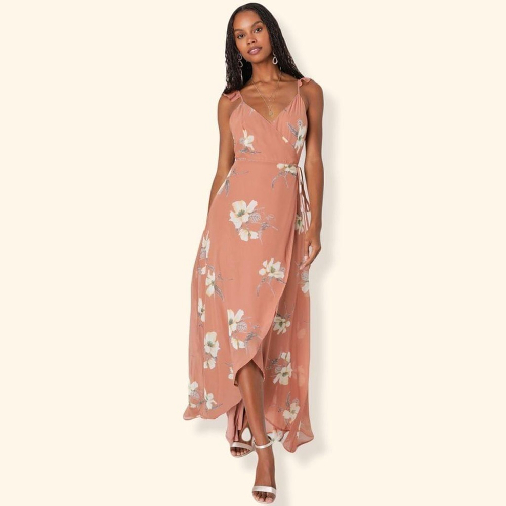 Lulus Dress NWT All Mine Rusty Rose Floral Print High-Low Wrap Size Small - Picture 2 of 7